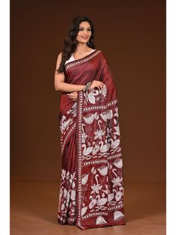 Ramshyam Collection - Womens Kantha Silk Blend Thread Work Maroon Saree with Unstitched Blouse