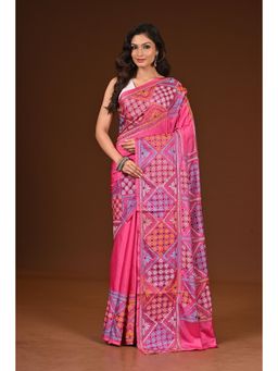 Ramshyam Collection - Womens Kantha Silk Blend Thread Work Pink Saree with Unstitched Blouse