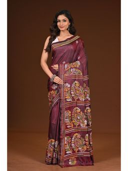 Ramshyam Collection - Womens Kantha Silk Blend Thread Work Maroon Saree with Unstitched Blouse