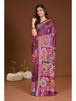 Ramshyam Collection - Womens Silk Blend Embroidered Thread Work Purple Saree with Unstitched Blouse