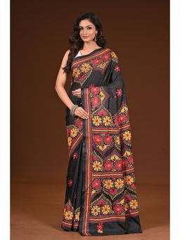 Ramshyam Collection - Womens Kantha Silk Blend Thread Work Black Saree with Unstitched Blouse