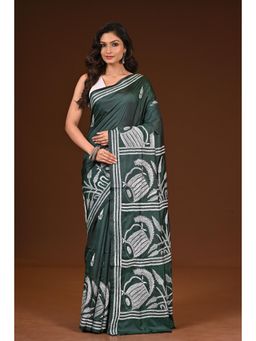 Ramshyam Collection - Womens Kantha Silk Blend Thread Work Green Saree with Unstitched Blouse