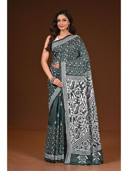 Ramshyam Collection - Womens Kantha Silk Blend Thread Work Green Saree with Unstitched Blouse