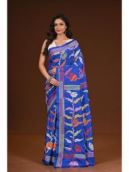 Ramshyam Collection - Womens Kantha Silk Blend Thread Work Blue Saree with Unstitched Blouse