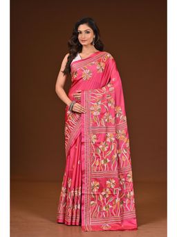 Ramshyam Collection - Womens Kantha Silk Blend Thread Work Pink Saree with Unstitched Blouse