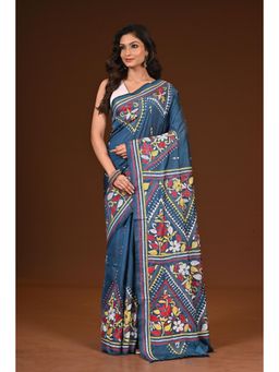 Ramshyam Collection - Womens Kantha Silk Blend Thread Work Teal Saree with Unstitched Blouse