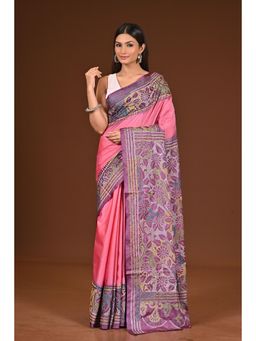 Ramshyam Collection - Womens Kantha Silk Blend Thread Work Pink Saree with Unstitched Blouse