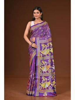 Ramshyam Collection - Womens Kantha Silk Blend Thread Work Purple Saree with Unstitched Blouse