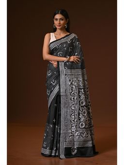 Ramshyam Collection - Womens Kantha Silk Blend Thread Work Black Saree with Unstitched Blouse