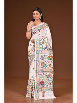 Ramshyam Collection - Womens Kantha Silk Blend Thread Work White Saree with Unstitched Blouse