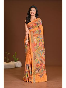 Ramshyam Collection - Womens Silk Blend Embroidered Thread Work Mustard Saree with Unstitched Blouse