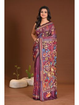 Ramshyam Collection - Womens Silk Blend Embroidered Thread Work Purple Saree with Unstitched Blouse