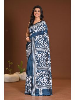 Ramshyam Collection - Womens Silk Blend Embroidered Thread Work Blue Saree with Unstitched Blouse