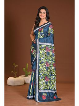 Ramshyam Collection - Womens Silk Blend Embroidered Thread Work Teal Saree with Unstitched Blouse