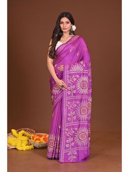 Ramshyam Collection - Womens Kantha Silk Blend Thread Work Purple Saree with Unstitched Blouse