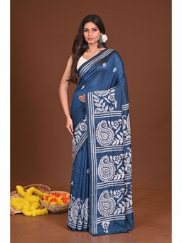 Ramshyam Collection - Womens Kantha Silk Blend Thread Work Blue Saree with Unstitched Blouse
