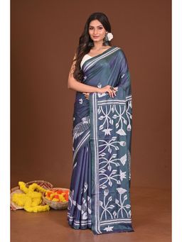 Ramshyam Collection - Womens Kantha Silk Blend Thread Work Blue Saree with Unstitched Blouse