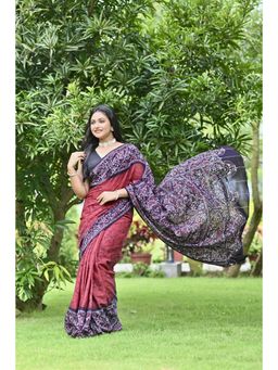 Ramshyam Collection - Womens Pure Cotton Printed Maroon Saree with Unstitched Blouse