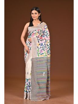 Ramshyam Collection - Womens Kantha Silk Embroidered Off White Saree with Unstitched Blouse