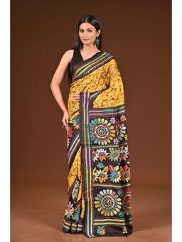 Ramshyam Collection - Womens Kantha Silk Printed Yellow Saree with Unstitched Blouse