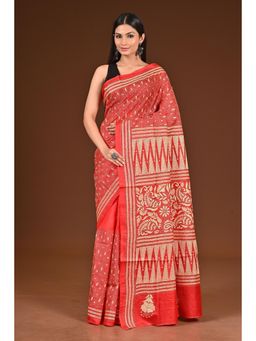 Ramshyam Collection - Womens Kantha Silk Embroidered Thread Work Red Saree with Unstitched Blouse