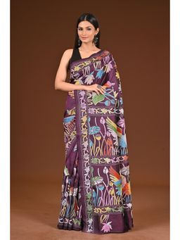 Ramshyam Collection - Womens Kantha Silk Embroidered Thread Work Purple Saree with Unstitched Blouse