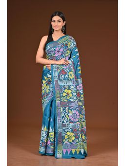 Ramshyam Collection - Womens Kantha Silk Embroidered Thread Work Blue Saree with Unstitched Blouse