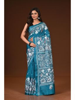 Ramshyam Collection - Womens Kantha Silk Embroidered Thread Work Blue Saree with Unstitched Blouse