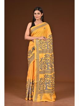 Ramshyam Collection - Womens Kantha Silk Printed Mustard Saree with Unstitched Blouse