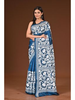 Ramshyam Collection - Womens Kantha Silk Embroidered Thread Work Blue Saree with Unstitched Blouse