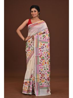 Ramshyam Collection - Womens Kantha Silk Embroidered Thread Work White Saree with Unstitched Blouse