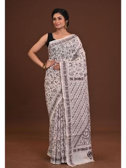 Ramshyam Collection - Womens Kantha Silk Embroidered Thread Work White Saree with Unstitched Blouse