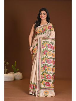 Ramshyam Collection - Womens Silk Floral Thread Work Beige Saree with Unstitched Blouse