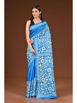 Ramshyam Collection - Womens Kantha Silk Embroidered Thread Work Blue Saree with Unstitched Blouse
