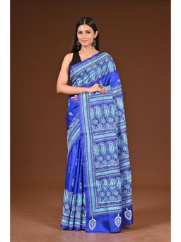 Ramshyam Collection - Womens Kantha Silk Embroidered Thread Work Blue Saree with Unstitched Blouse