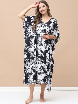Secret Wish - Floral Print Black and White Rayon Maternity Kaftan