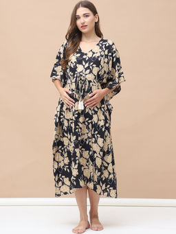 Secret Wish - Floral Print Black and Golden Rayon Maternity Kaftan