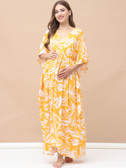Secret Wish - Floral Print Yellow Rayon Maternity Kaftan