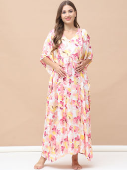 Secret Wish - Floral Print White Rayon Maternity Kaftan