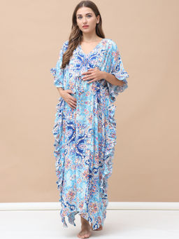 Secret Wish - Floral Print Sky Blue Rayon Maternity Kaftan