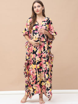 Secret Wish - Floral Print Black Rayon Maternity Kaftan
