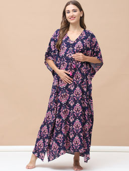 Secret Wish - Printed Navy Blue Rayon Maternity Kaftan