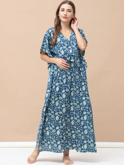 Secret Wish - Floral Print Blue Cotton Maternity Kaftan
