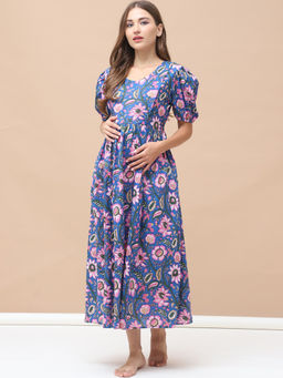 Secret Wish - Floral Print Blue Cotton Maternity Nightdress
