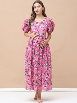 Secret Wish - Floral Print Pink Cotton Maternity Nightdress