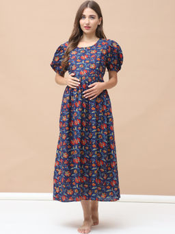 Secret Wish - Floral Print Navy Blue Cotton Maternity Nightdress