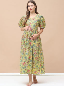 Secret Wish - Floral Print Yellow Cotton Maternity Nightdress