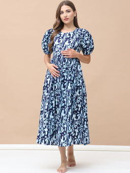 Secret Wish - Printed Navy Blue Cotton Maternity Nightdress