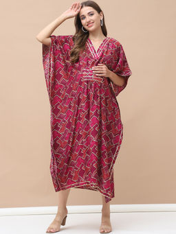 Secret Wish - Geometric Print Dark Pink Chanderi Silk Maternity Kaftan Dress