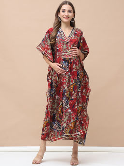 Secret Wish - Floral Print Red Chanderi Silk Maternity Kaftan Dress